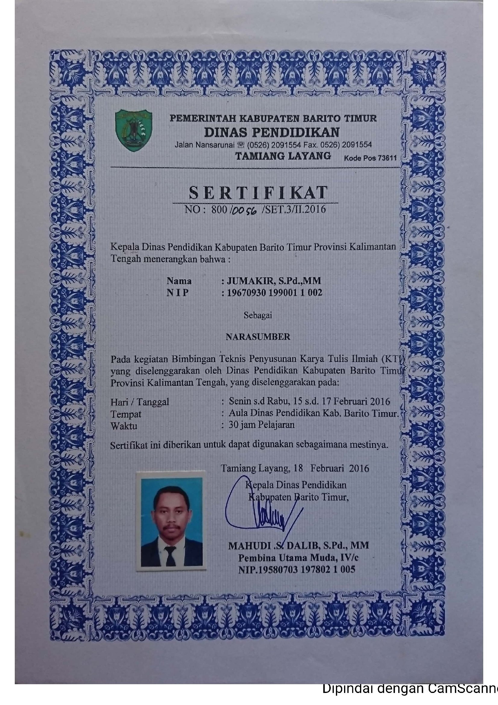 Sertifikat Narasumber Penulisan KTI Dinas Pendidikan tahun 2016