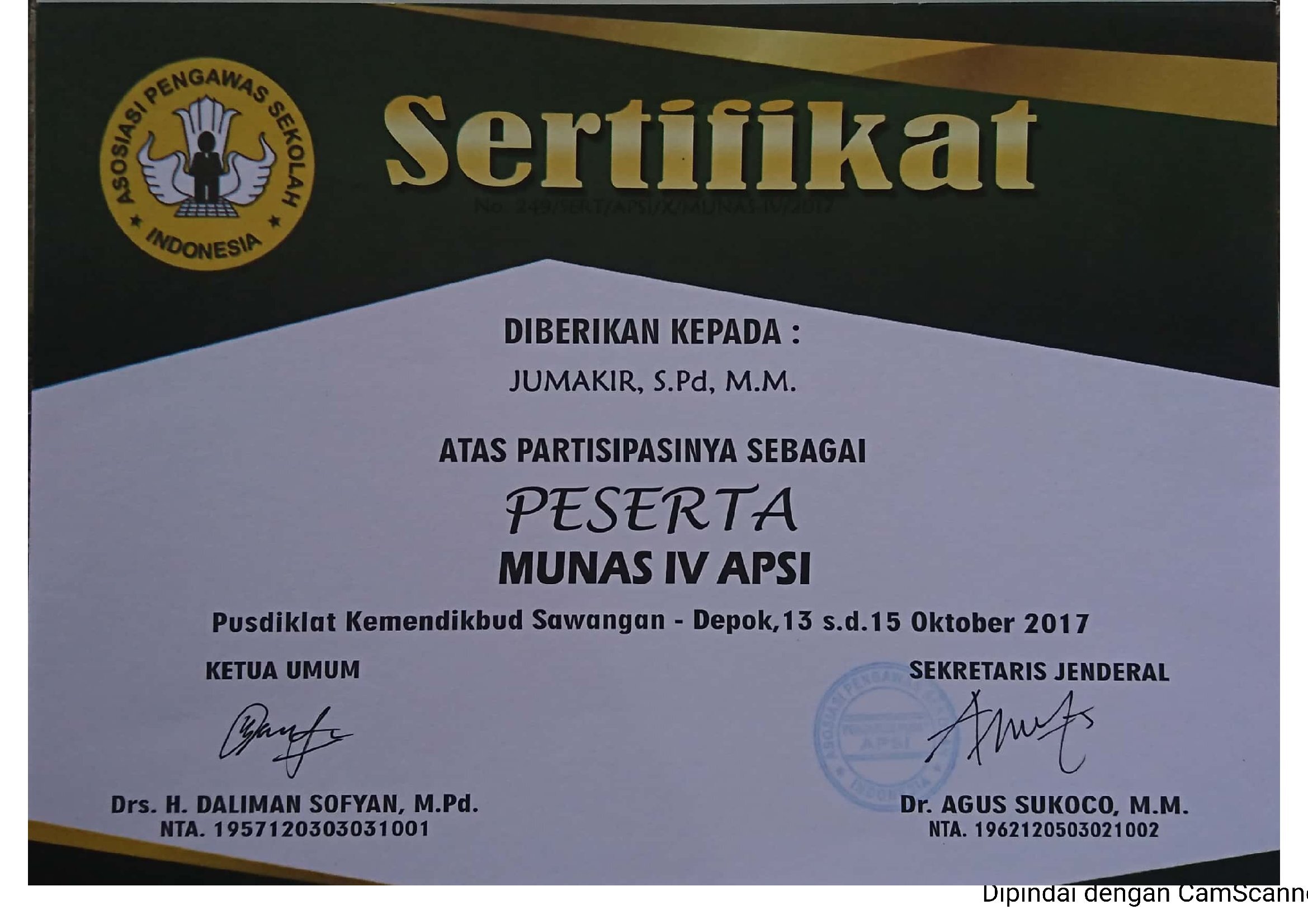 Sertifikat Munas APSI tahun 2017 di Jakarta