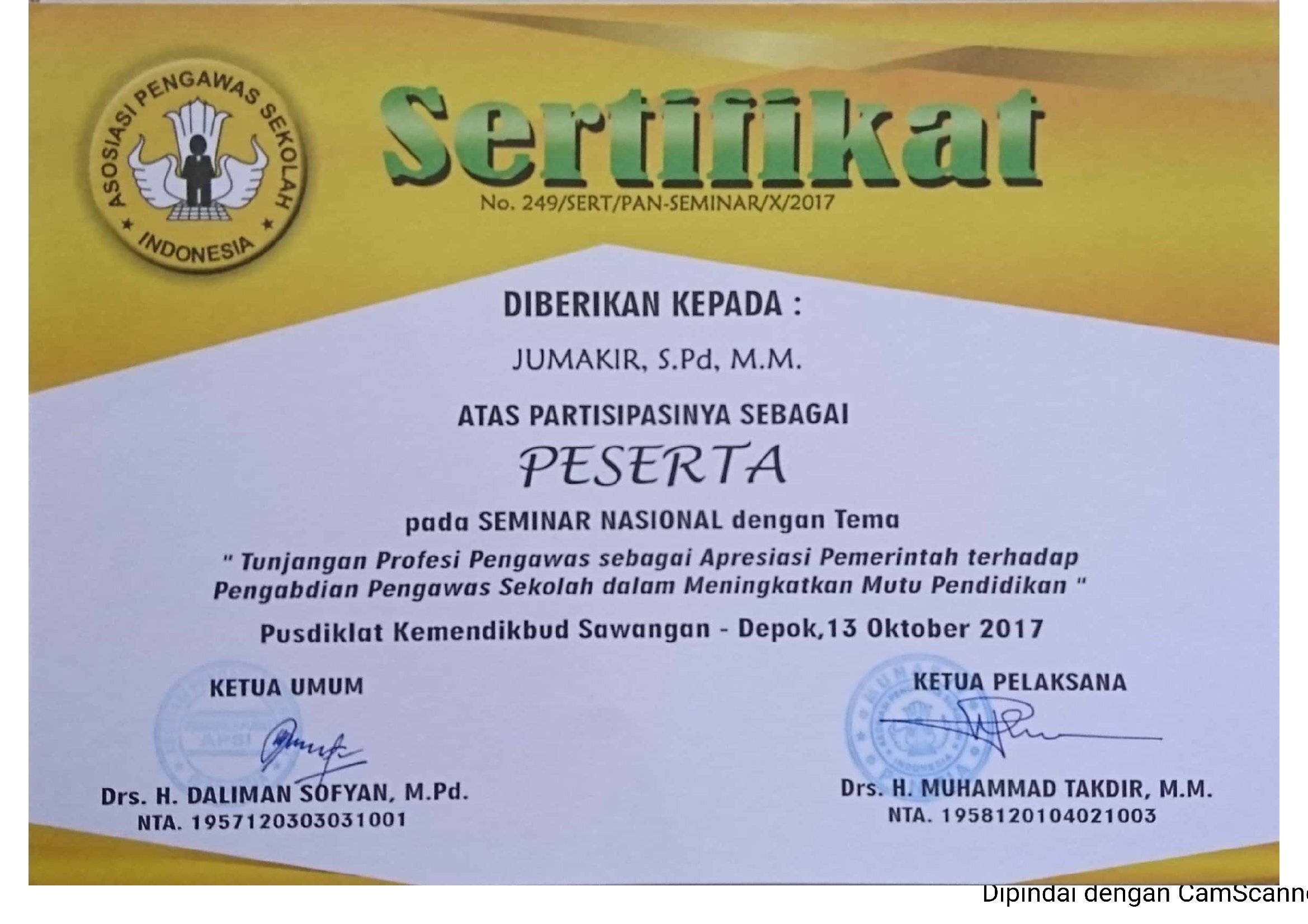 Sertifikat Seminar APSI Tahun 2017 di Jakarta