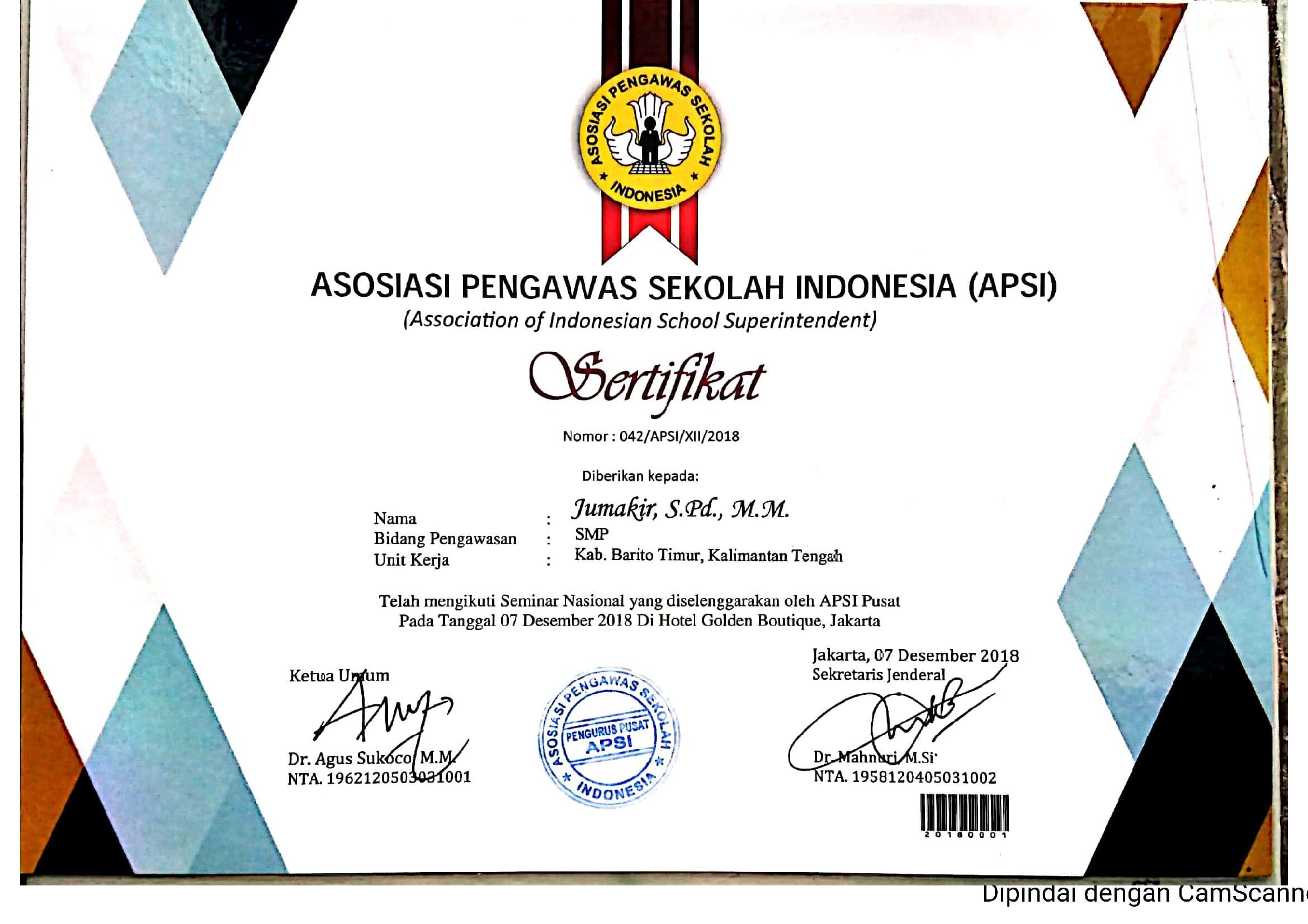 Sertifikat Seminar APSI Tahun 2018 di Jakarta