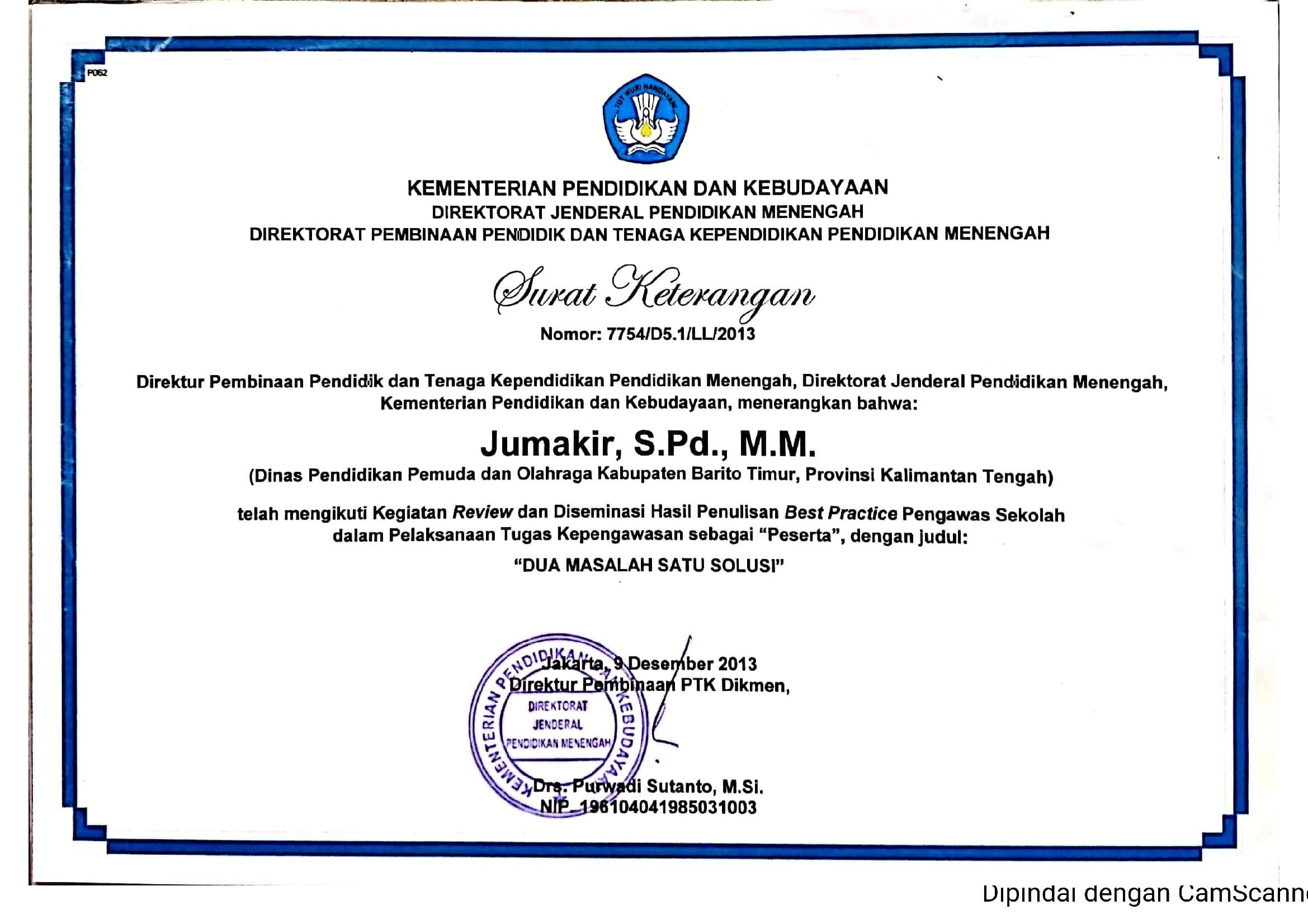 Sertifikat Finalis Lomba KTI Tk. Nasional di Jakarta Tahun 2013