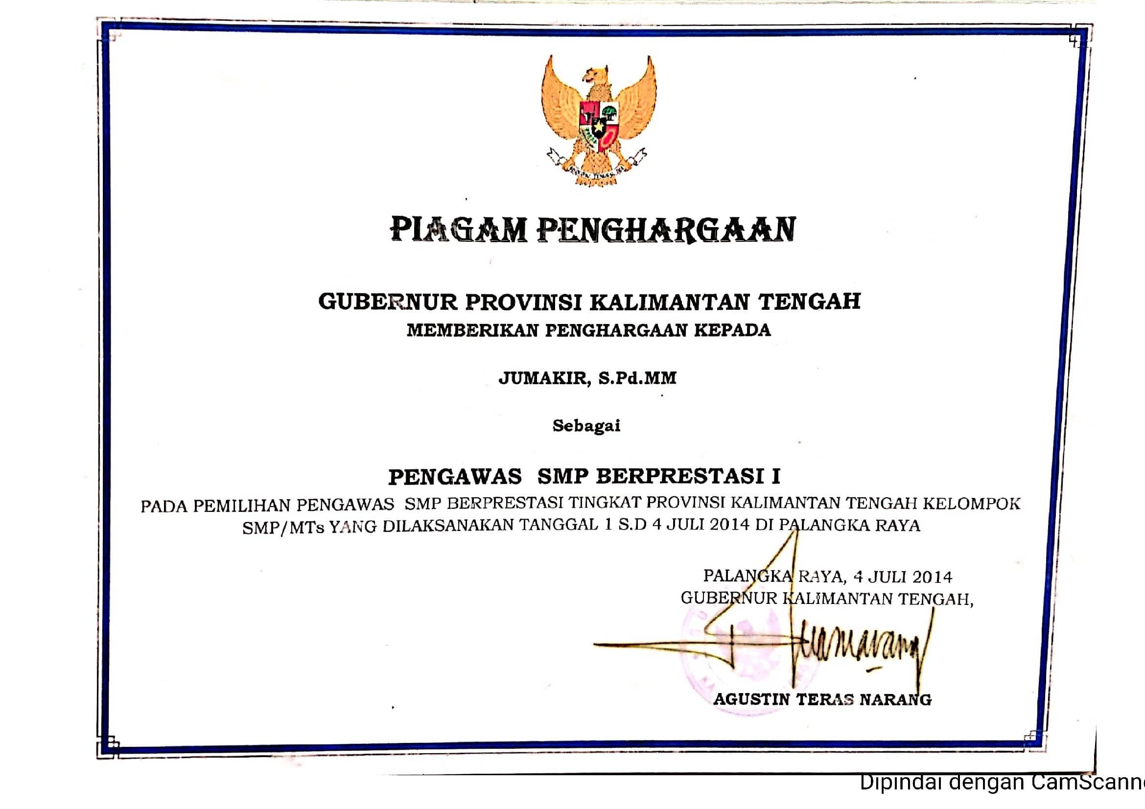 Piagam Juara 1 Pengawas Berprestasi Tk. Provinsi Tahun 2014